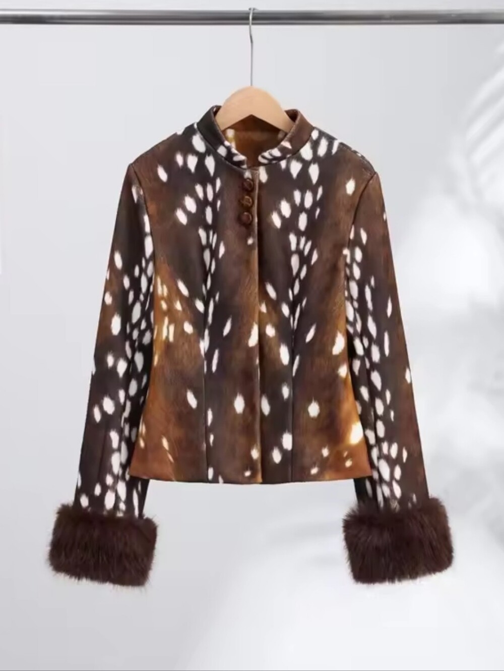 Vintage Women's Spotted Printed Jacket Stand Collar Full Sleeve Faux Fur Cuff - Picture 7 of 9